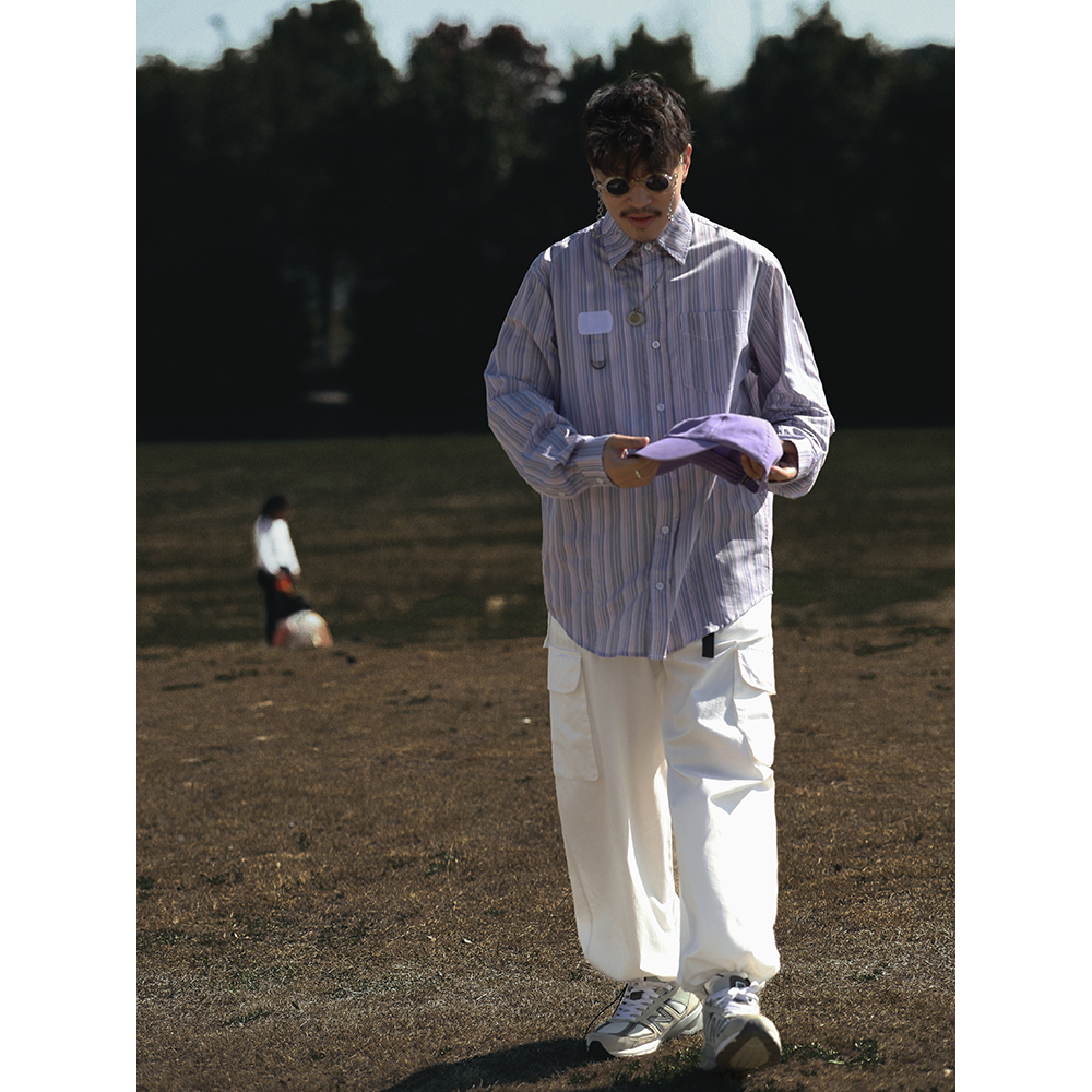 ollieo男网红长袖潮男搭配潮流帅气春秋穿搭博主紫色竖条纹衬衫潮