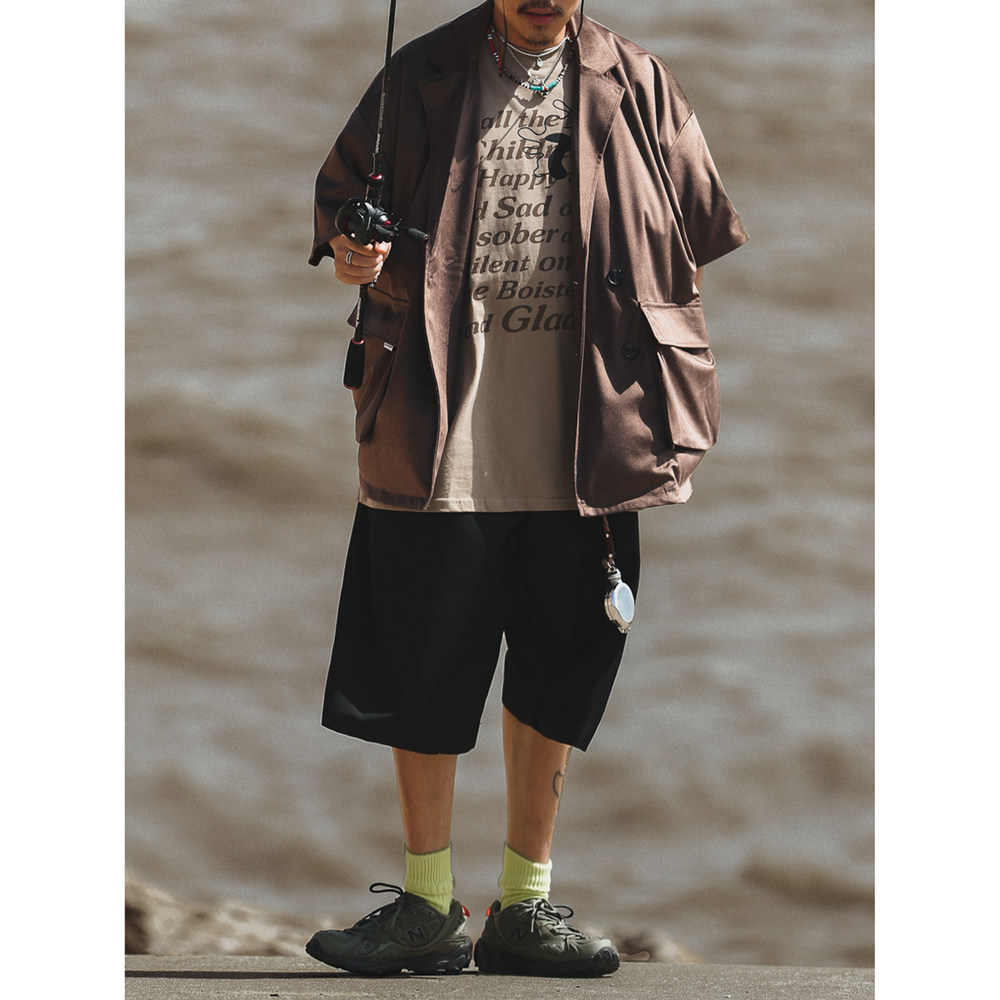 olliesnap新款古巴领西装衬衫男ins潮牌半袖衬衣日系复古上衣男