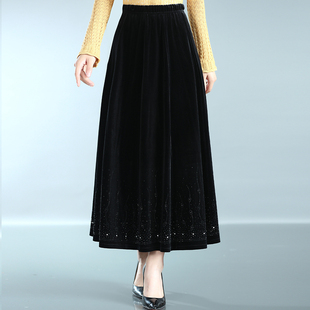金丝绒半身裙中长款 胖mm200斤妈妈百褶裙子秋 a字垂坠感加肥加大码