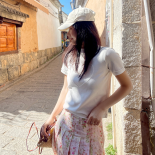 T恤女双色百搭春日打底内搭 短袖 heidy海蒂 拼布贴片设计桃心修身