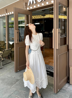 heidy海蒂 希腊神话 定位镂空绣花收腰连衣裙夏新款棉白色长裙子