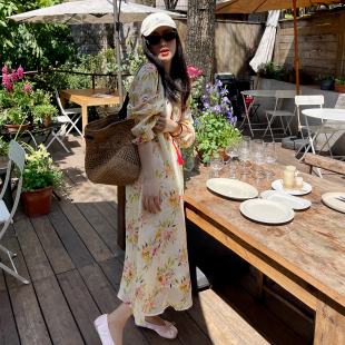 100苎麻活性印花红绳长袖 下午茶 连衣裙女宽松长裙 英式 heidy海蒂