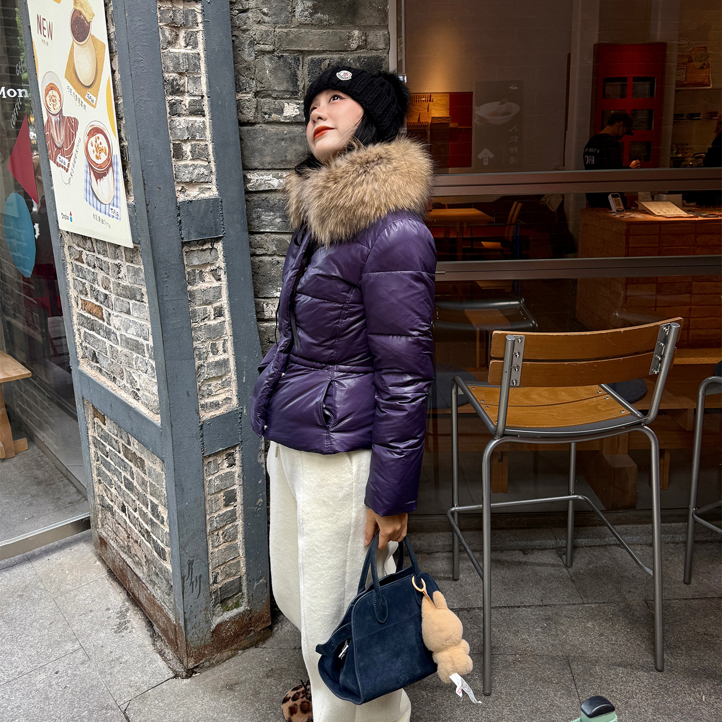 heidy紫色貉子毛收腰羽绒服鹅绒