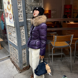 羽绒服女貉子毛围脖 三防亮面厚冲鹅绒轻感短款 heidy海蒂 好运紫