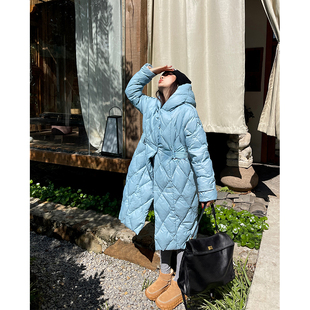 羽绒服双排扣外套 90白鹅绒收腰连帽加厚长款 heidy海蒂 冰川蓝调