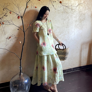 heidy海蒂 宴宸 苎麻印花刺绣新中式连衣裙盘扣假两件套装裙子