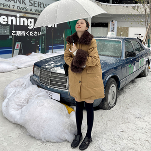 heidy海蒂 牛津布防风风衣面料羊毛皮草羽绒服女2025冬 90白鹅绒
