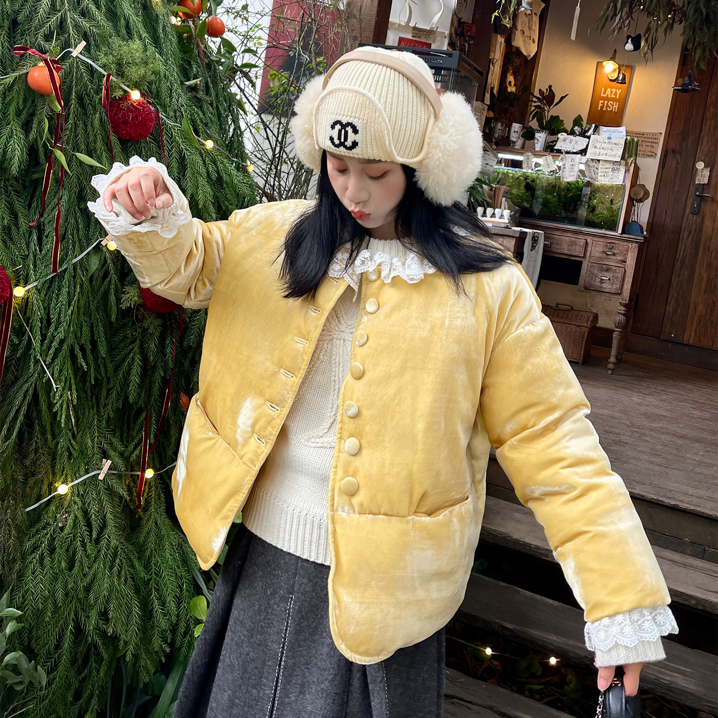 heidy鹅黄色丝绒羽绒服90白鹅绒