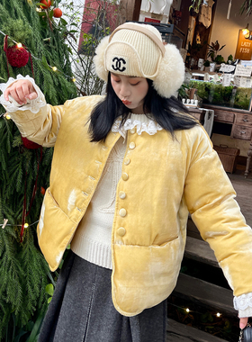 heidy海蒂 甜美奶昔鹅黄色丝绒羽绒服90白鹅绒蕾丝拼接中式外套女