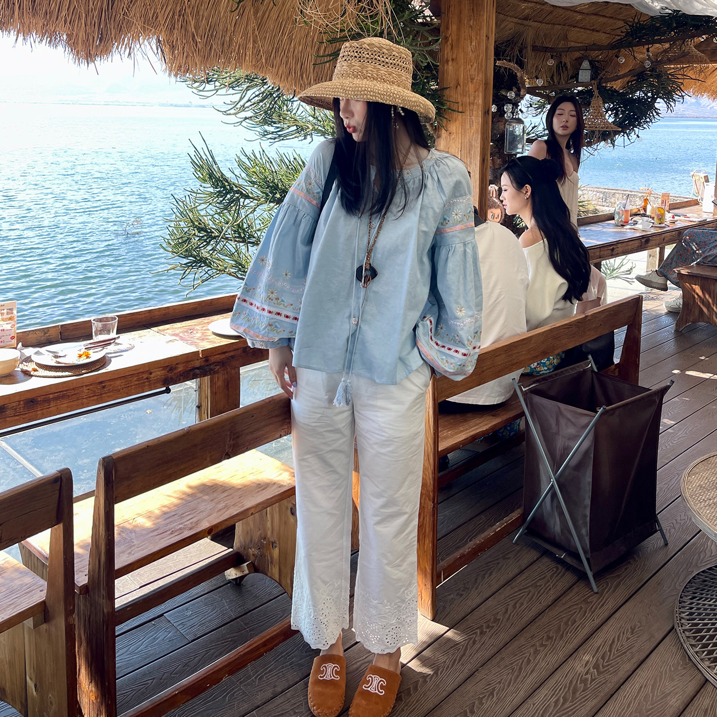 heidy海蒂 复古感chun棉酵洗定位刺绣直筒9分长裤宽松百搭短裤子