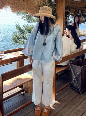 heidy海蒂 复古感chun棉酵洗定位刺绣直筒9分长裤宽松百搭短裤子