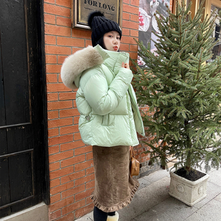 heidy海蒂 baby绿撞色狐狸背毛领白鹅绒羽绒服女连帽短款羽绒服女