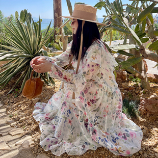 heidy海蒂 雪纺印花连衣裙早春不规则木耳边宽松长裙 梦幻伊甸园