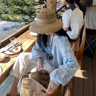 宽松短裤 heidy海蒂 棉酵洗刺绣直筒9分长裤 衬衫 女 多层次刺绣长袖