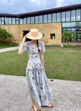 heidy海蒂 53区玫瑰苎麻水墨国风侘寂收腰V领连衣裙南法度假长裙