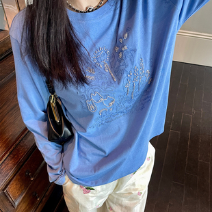 heidy海蒂 舒适麻棉刺绣+手工串珠宽松长袖T恤女蕾丝直筒裤套装