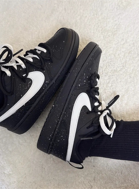 球鞋定制 Nike Court Borough 纯净之雪泼墨黑武士休闲女低帮板鞋