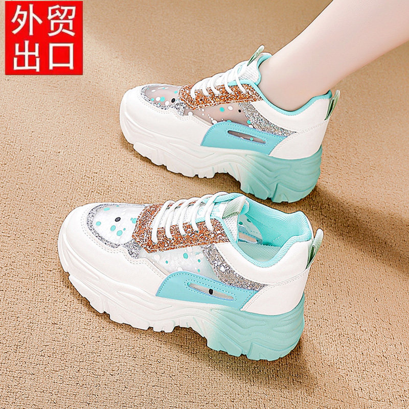 薄款老爹鞋女2026年夏季新款亮片网纱镂空透气内增高跟厚底运动鞋