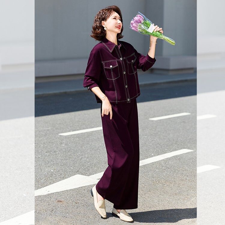 优雅中老年女士紫色休闲套装时尚中老年女装