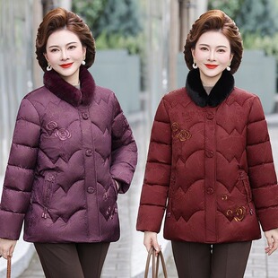 中老年女士冬季保暖棉服加厚大码女装妈妈装外套洋气绣花毛领设计