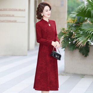 优雅中老年女士连衣裙秋季新款大码显瘦设计感旗袍领长袖A字裙