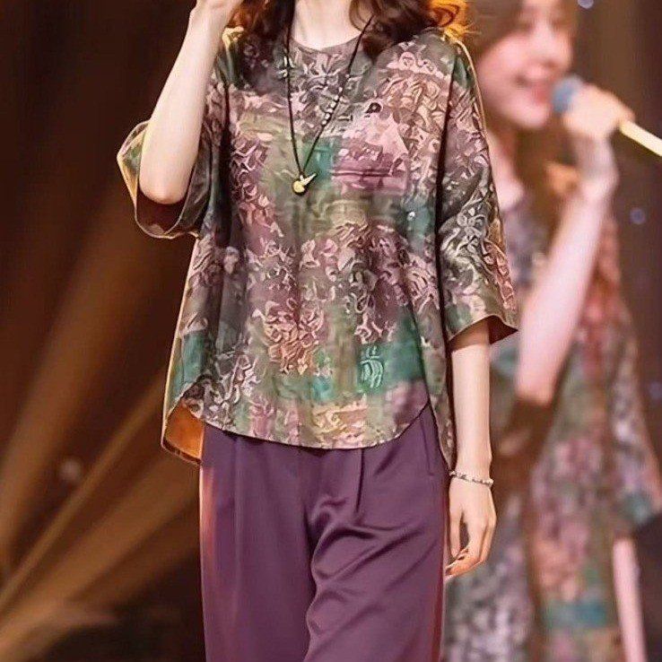 中老年女士宽松印花T恤夏季薄款POLO衫