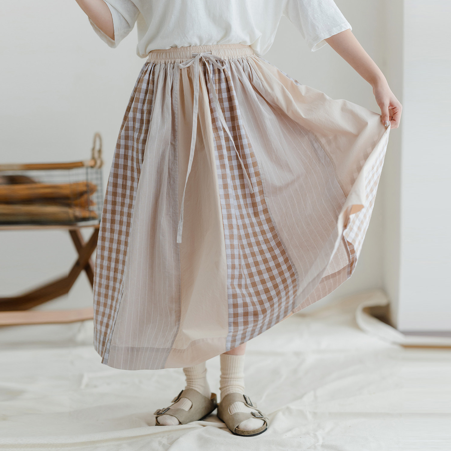 条纹格子自然拼贴半身裙古苔日系