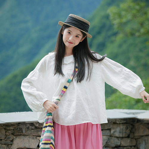 古苔早秋内搭荷叶领日系亚麻衬衣