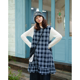 单品 秋冬叠穿公式 小个子日系文艺裙子 蓝灰格子背心连衣裙 古苔