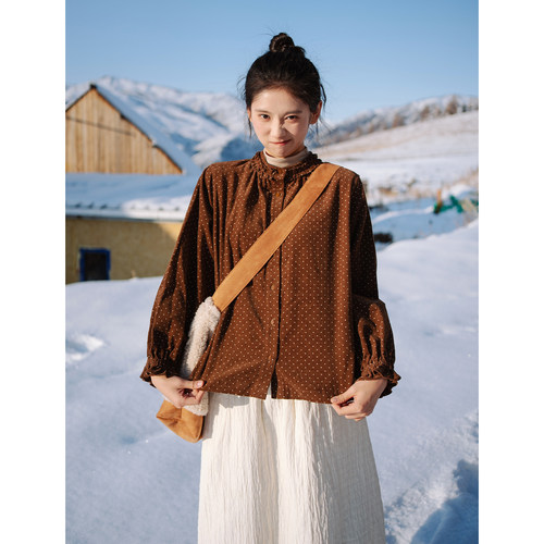 日系波点灯芯绒衬衫古苔内搭上衣