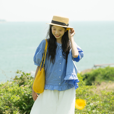 古苔蓝色衬衫夏季短袖丝绵柔肤女