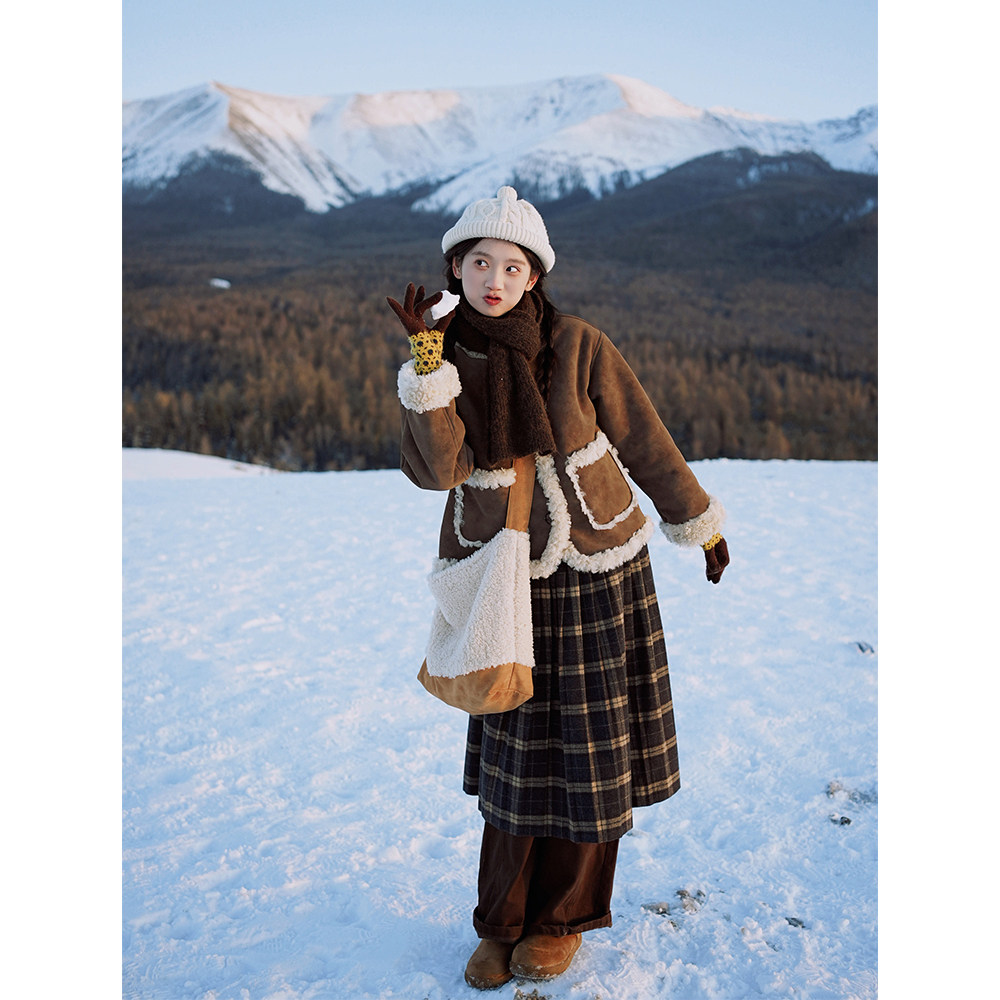 麂皮羊羔毛短外套古苔复古文艺冬