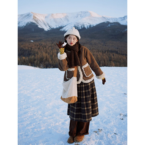 麂皮羊羔毛短外套古苔复古文艺冬