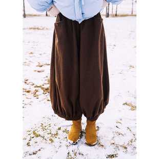 伴侣遮肉显瘦气球裤 古苔 秋裤 复古休闲羊毛阔腿裤 子 日系灯笼裤