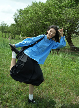 蓝色衬衫古苔日系森系早秋上衣女