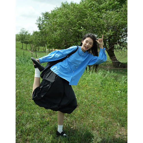 蓝色衬衫古苔日系森系早秋上衣女