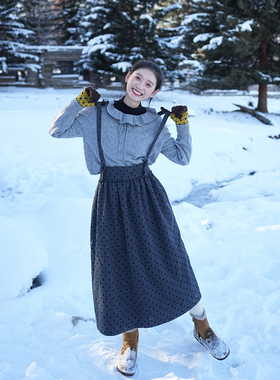 古苔 日系背带裙叠穿 可调节呢料背心裙 灰色波点文艺还8错连衣裙