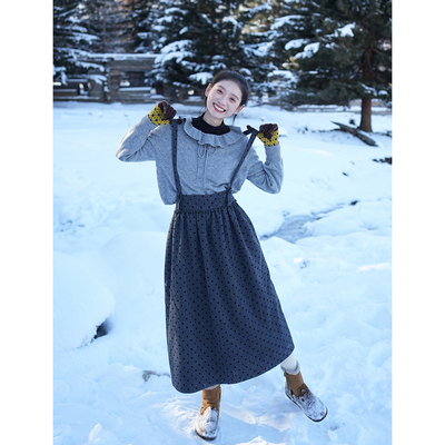 日系背带裙叠穿古苔灰色波点裙子