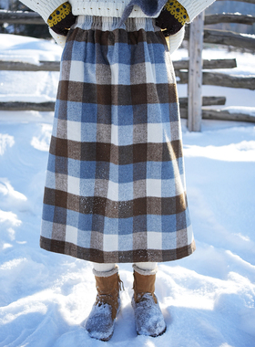 古苔 格子半身裙秋冬20羊毛保暖蓝咖配色A字直筒裙很显瘦