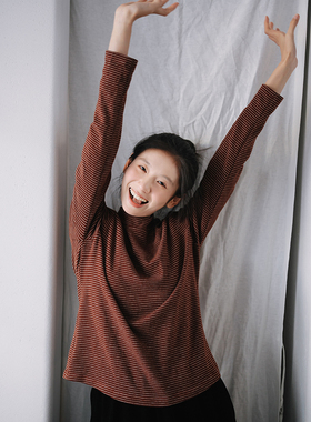 古苔 半高领长袖打底衫 秋冬内搭基础款显瘦文艺复古红咖条纹T恤