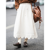 肌理感秋冬花边下摆小个子中长款 古苔 米色花瓣半身裙 日系a字裙