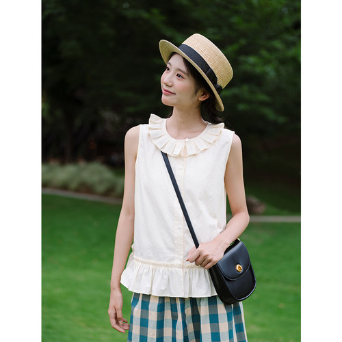 古苔100棉暗纹提花荷叶边背心女