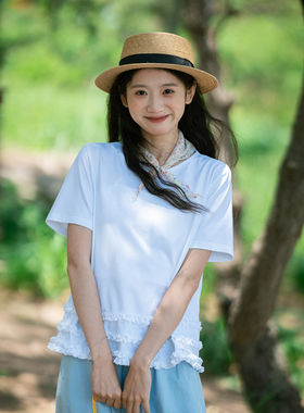 古苔 花边短袖T恤 百搭正肩夏日短袖 白蓝两色日系抗菌冰感棉上衣