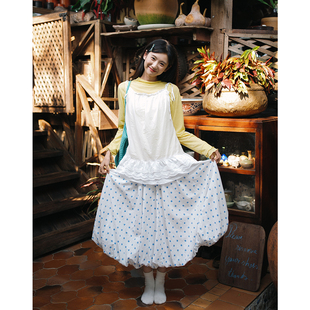 显瘦森系清迈松弛裙子 100棉柔软不易皱 古苔 日系蓝波点花苞半裙