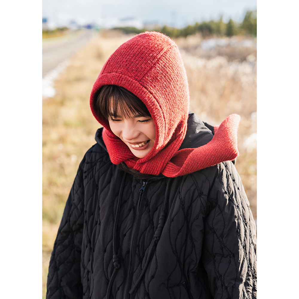 定染红色针织帽古苔帽子围巾一体