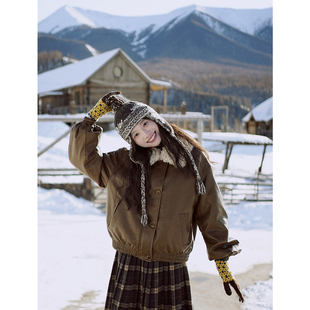 复古棕色圆鼓鼓夹棉短款 美式 外套冬 可拆卸毛领皮衣PU皮夹克 古苔