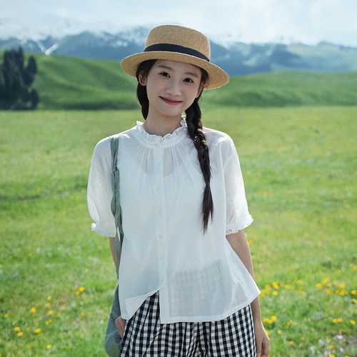 夏季白色日系叠穿短袖衬衫古苔女
