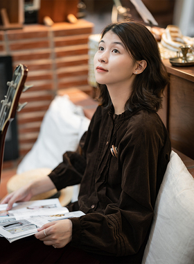 古苔「不出意外」灯芯绒衬衫秋 花边小立领上衣单穿叠穿GOODTIME