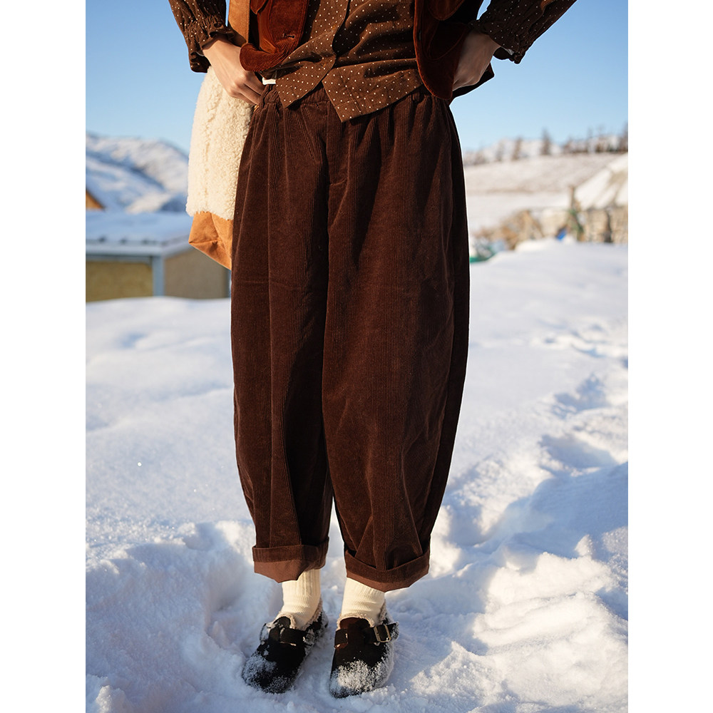 日系灯芯绒萝卜型裤子古苔冬显瘦