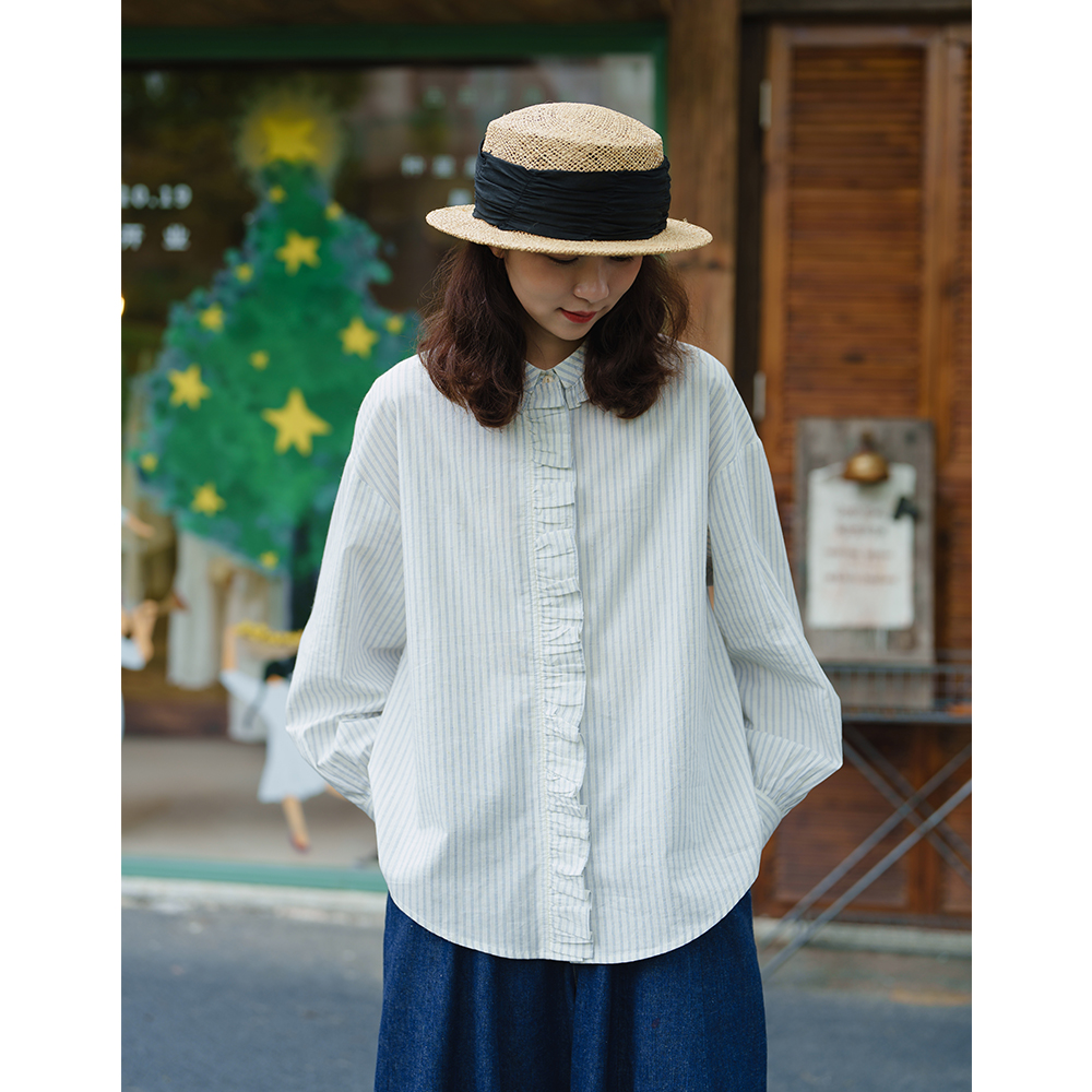古苔 条纹衬衫 秋冬基础内搭叠穿衬衣 日系文艺复古花边翻领上衣
